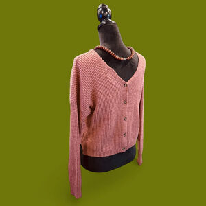 Grunge Cottage Boho Long Sleeve Slouchy Button Back Sweater Pink Rose Large